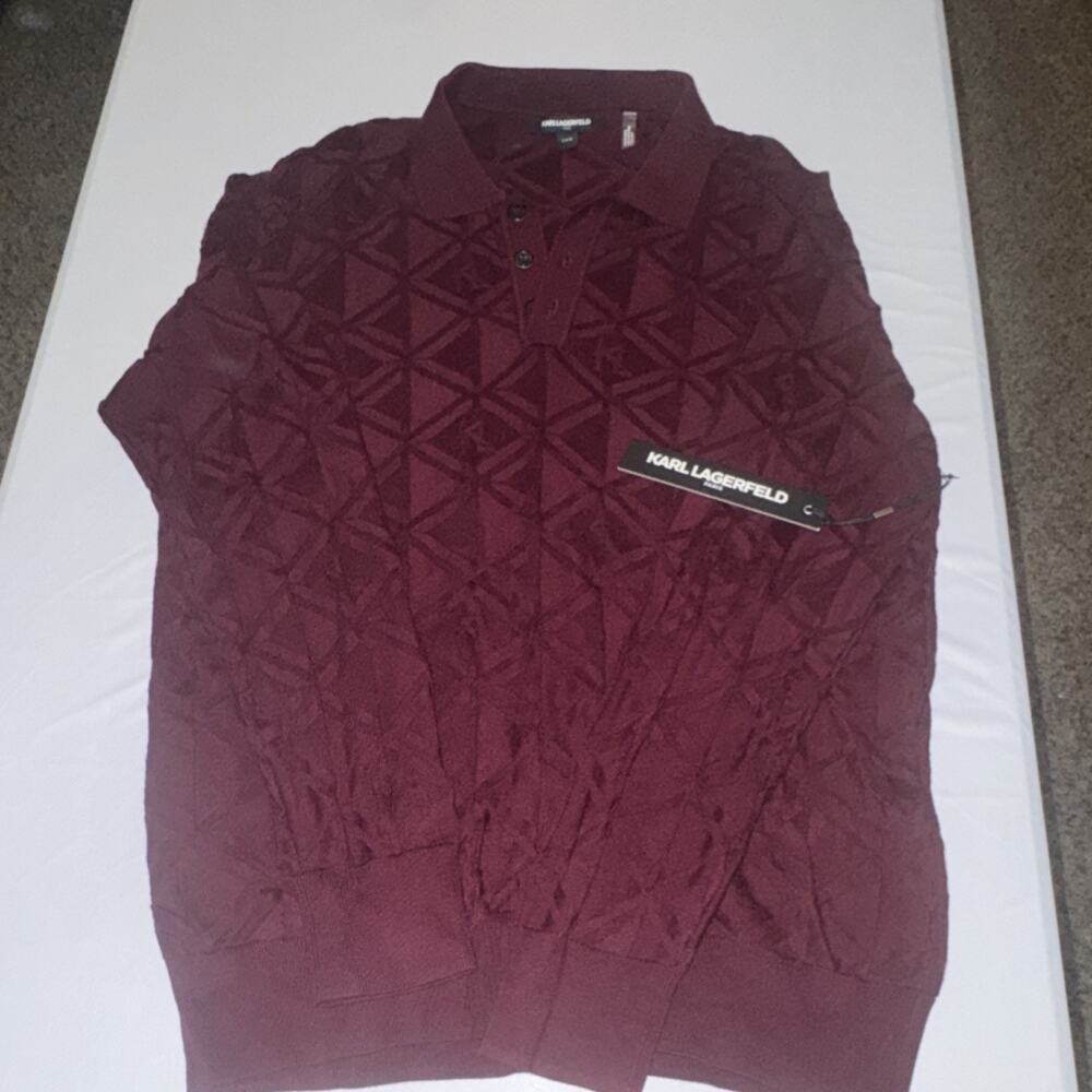 Karl Lagerfeld Collared Knit Pullover Sweater Geometric Burgundy Men Size L